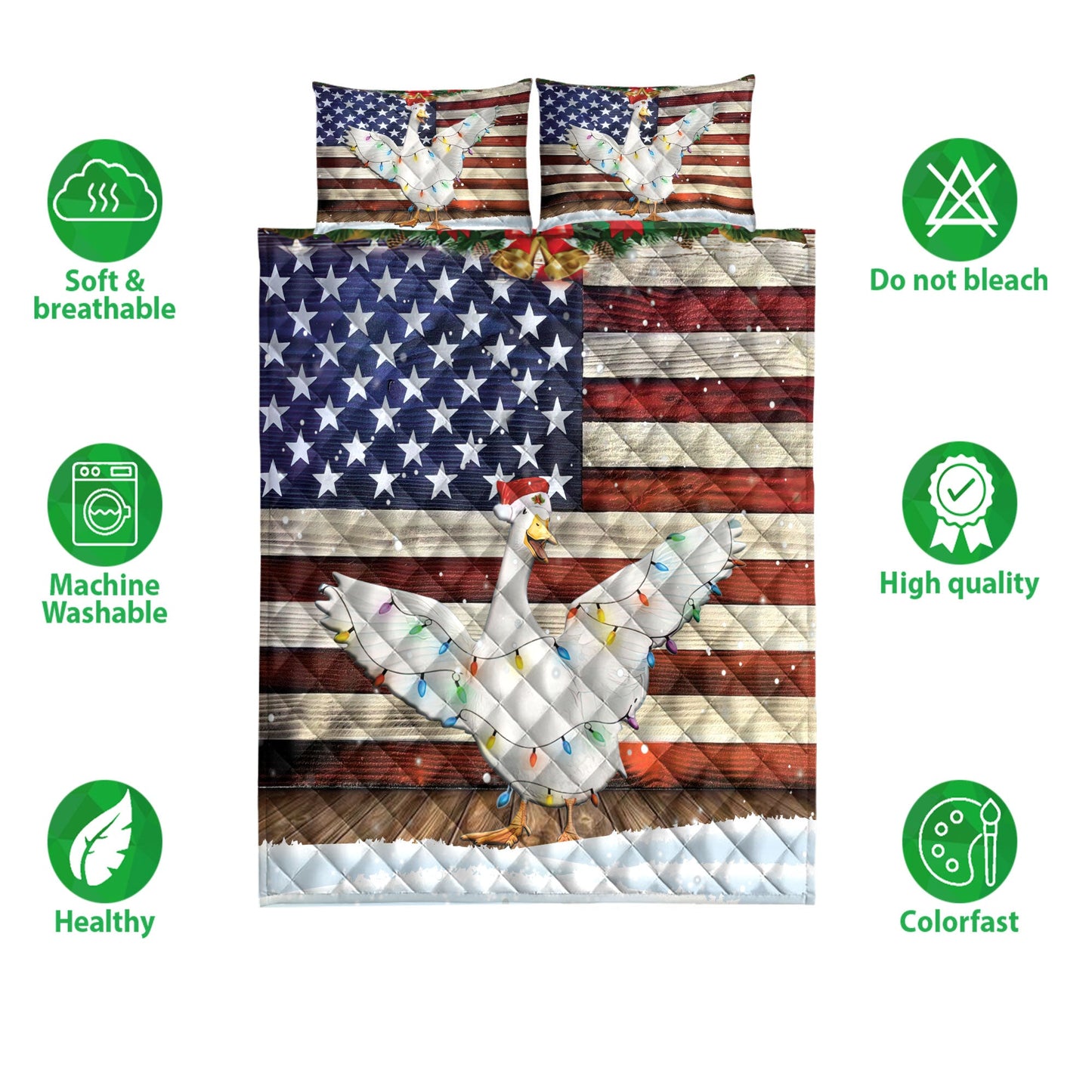 Duck Quilt Set, Duck Wearing Amas Hat With String Light Us Flag Quilt Blanket With Pillowcases, Quilt Bedding Set, Christmas Gift