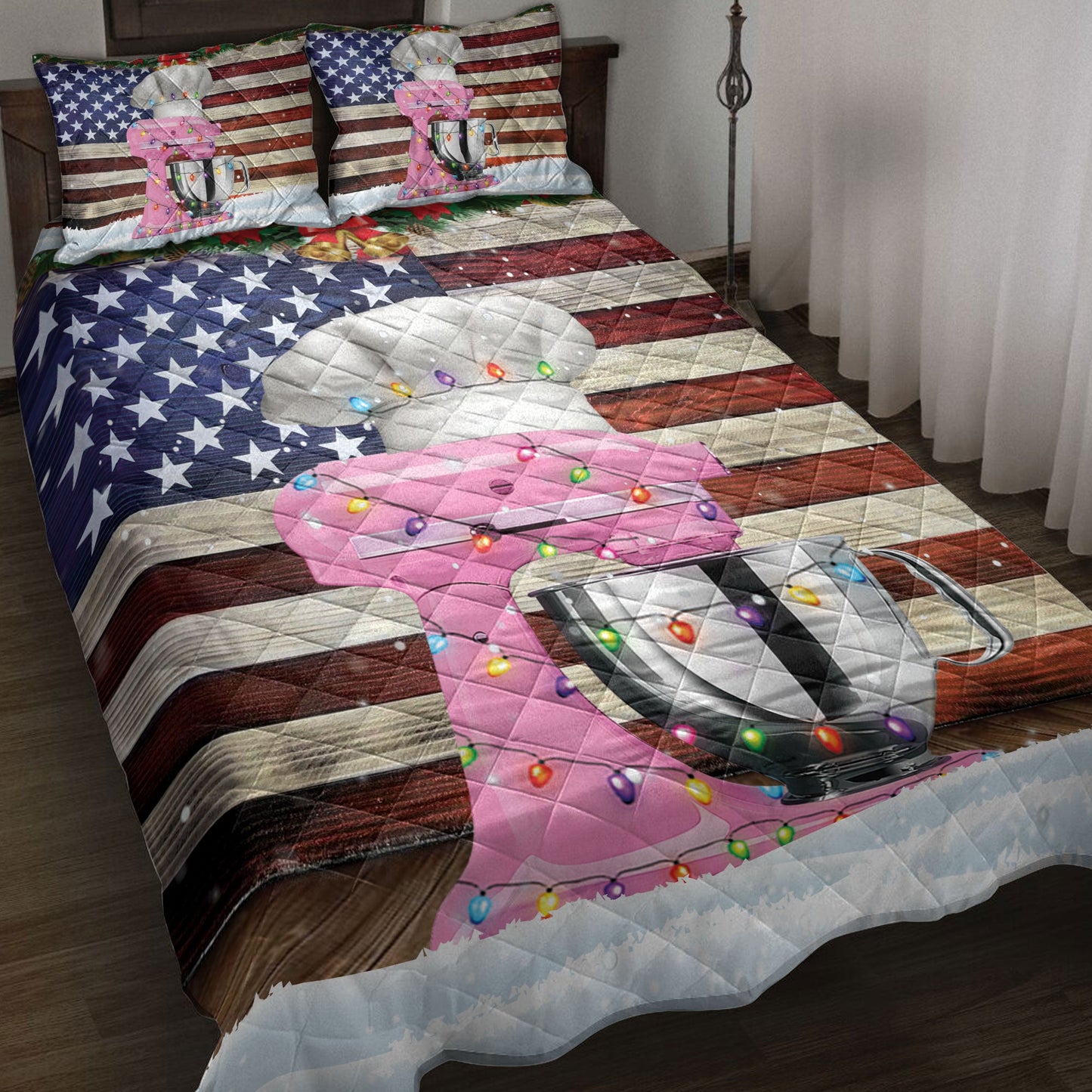 Baking Quilt Set, Stand Baking Mixer With String Lights Us Flag Baker Quilt Blanket With Pillowcases, Quilt Bedding Set
