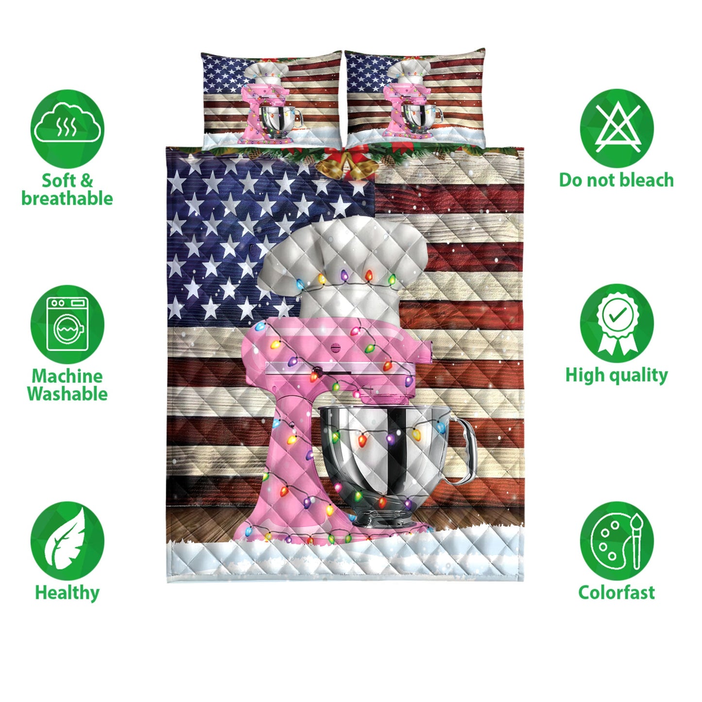 Baking Quilt Set, Stand Baking Mixer With String Lights Us Flag Baker Quilt Blanket With Pillowcases, Quilt Bedding Set
