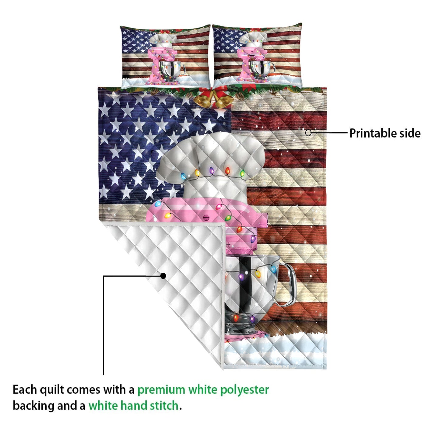 Baking Quilt Set, Stand Baking Mixer With String Lights Us Flag Baker Quilt Blanket With Pillowcases, Quilt Bedding Set