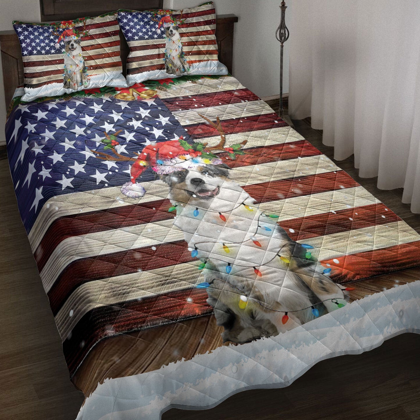 Australian Shepherd Quilt Set, A Ustralian Shepherd Wearing A Red Reindeer Hat With String Light Quilt Blanket With Pillowcases, Quilt Bedding Set