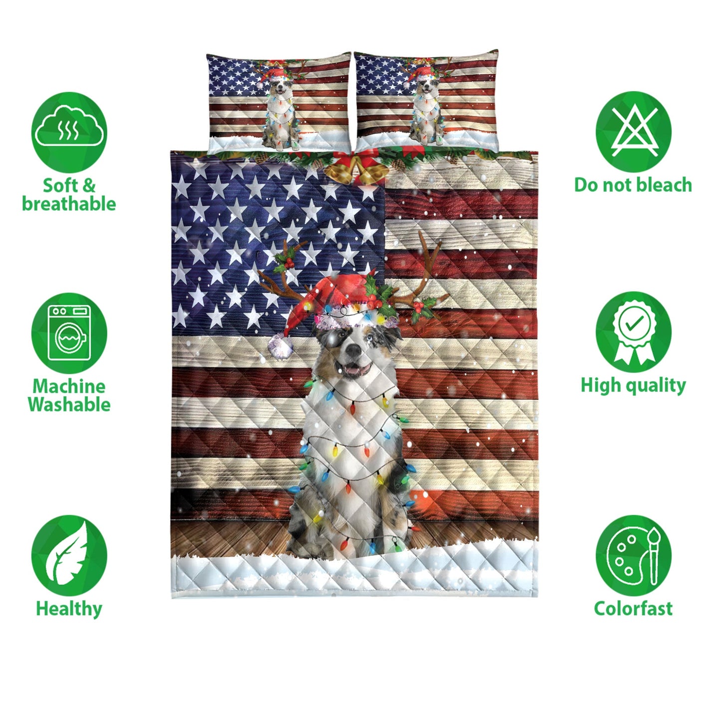 Australian Shepherd Quilt Set, A Ustralian Shepherd Wearing A Red Reindeer Hat With String Light Quilt Blanket With Pillowcases, Quilt Bedding Set
