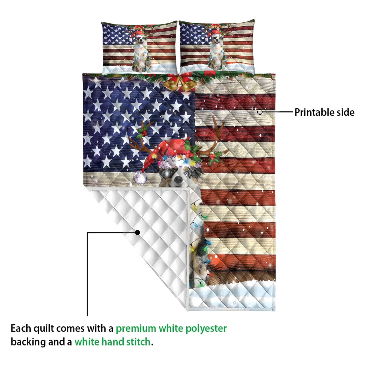 Australian Shepherd Quilt Set, A Ustralian Shepherd Wearing A Red Reindeer Hat With String Light Quilt Blanket With Pillowcases, Quilt Bedding Set