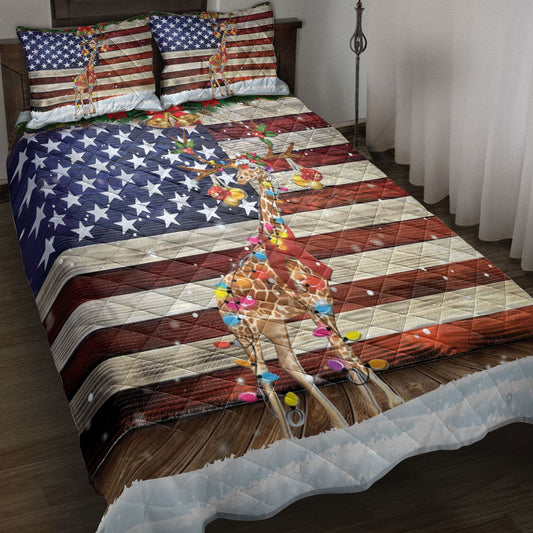 Giraffe Quilt Set, Giraffe Wearing Amas Hat With String Light Us Flag Quilt Blanket With Pillowcases, Quilt Bedding Set, Christmas Gift