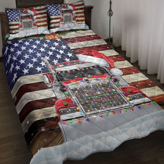Trucker Quilt Set, Red Truck Wearing Amas Hat With String Light Us Flag Quilt Blanket With Pillowcases, Quilt Bedding Set, Christmas Gift
