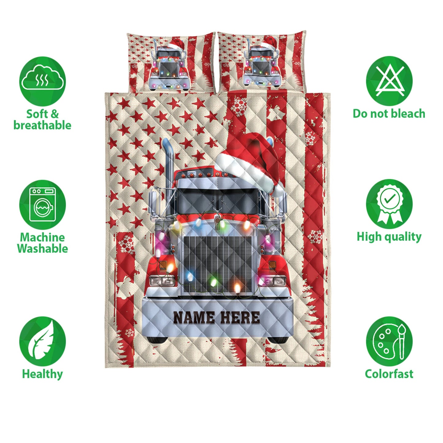 Personalized Trucker Quilt Set, Red Truckmas String Light Usa Flag Quilt Blanket With Pillowcases, Custom Name Quilt Bedding Set, Christmas Gift