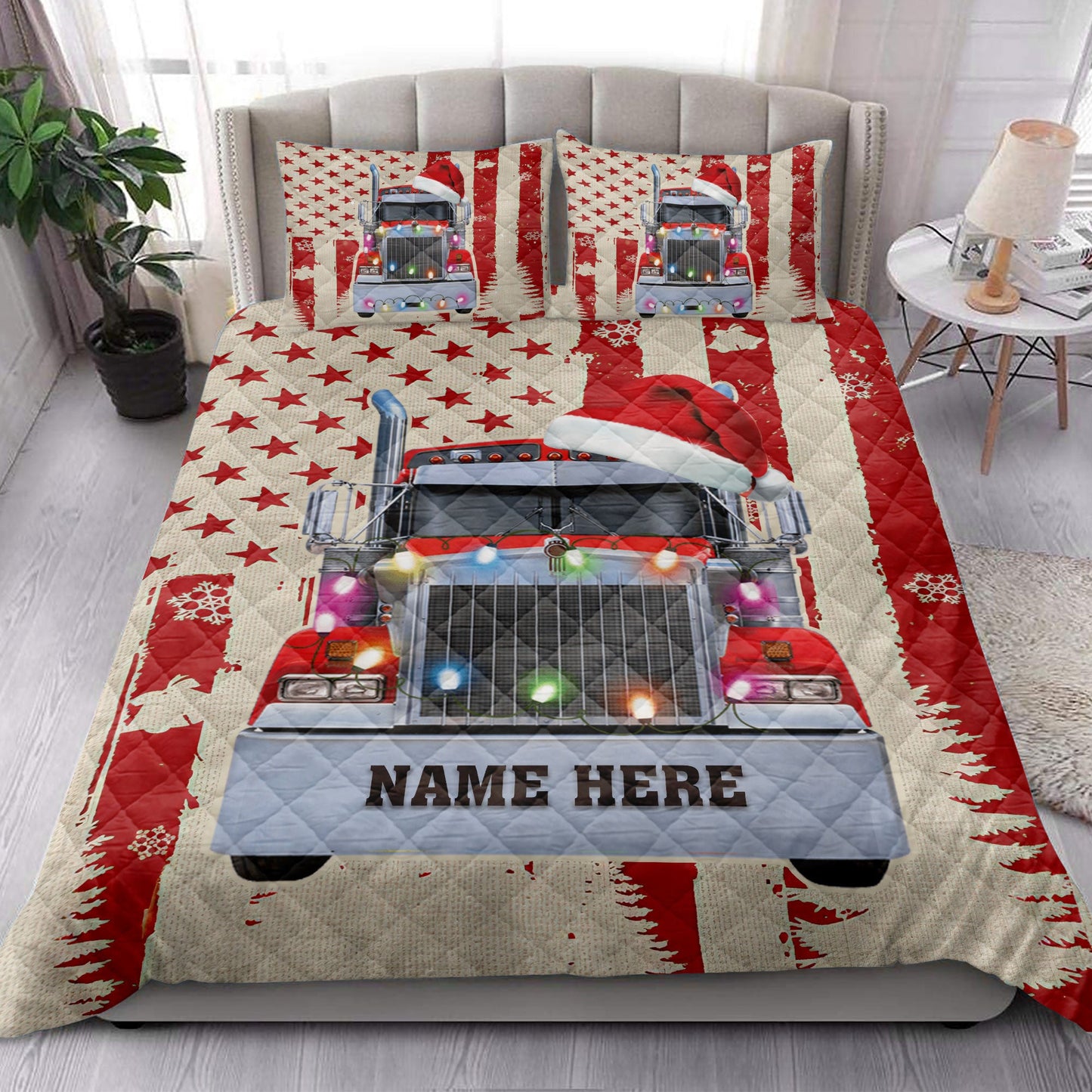 Personalized Trucker Quilt Set, Red Truckmas String Light Usa Flag Quilt Blanket With Pillowcases, Custom Name Quilt Bedding Set, Christmas Gift