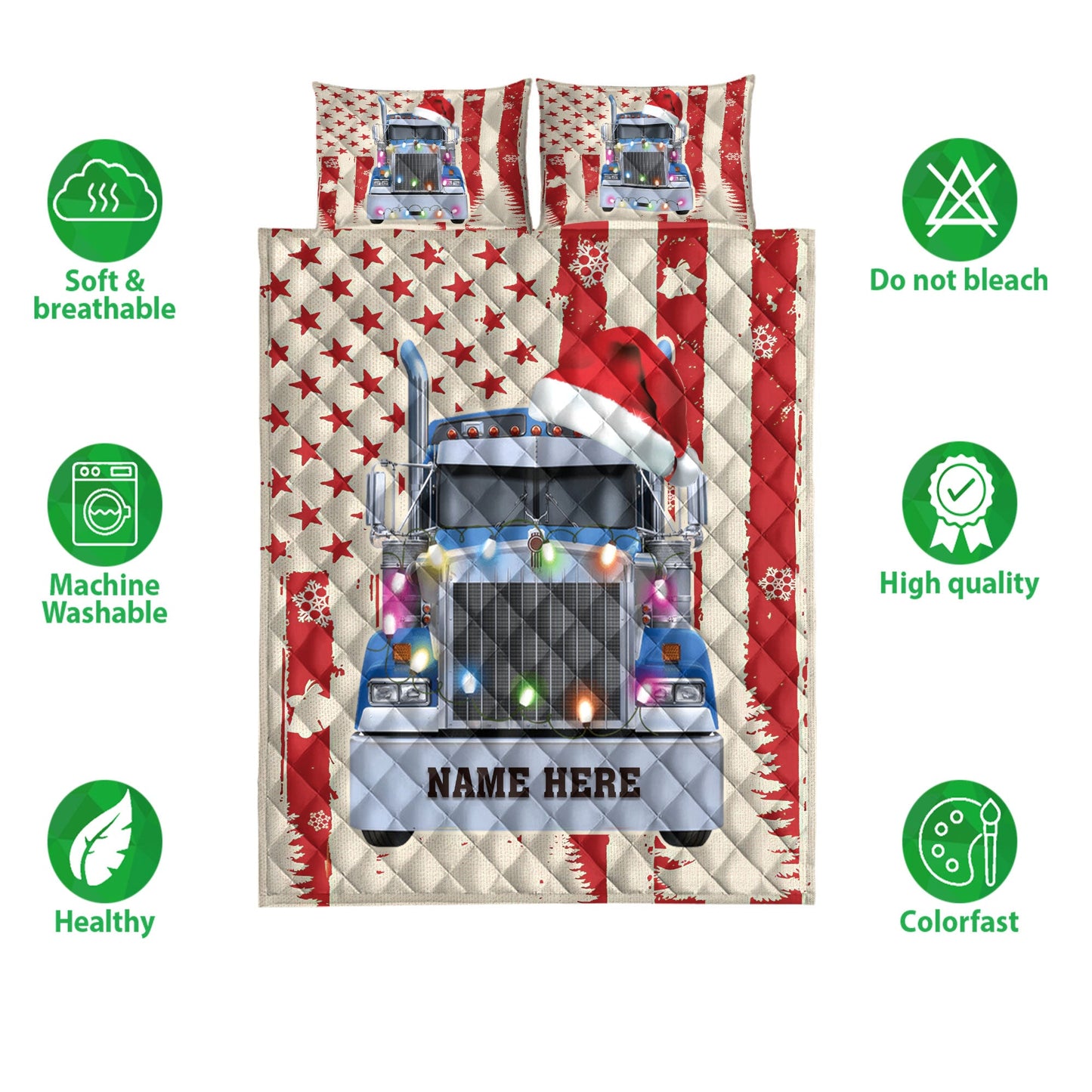 Personalized Trucker Quilt Set, Blue Truckmas String Light Us Flag Quilt Blanket With Pillowcases, Custom Name Quilt Bedding Set, Christmas Gift