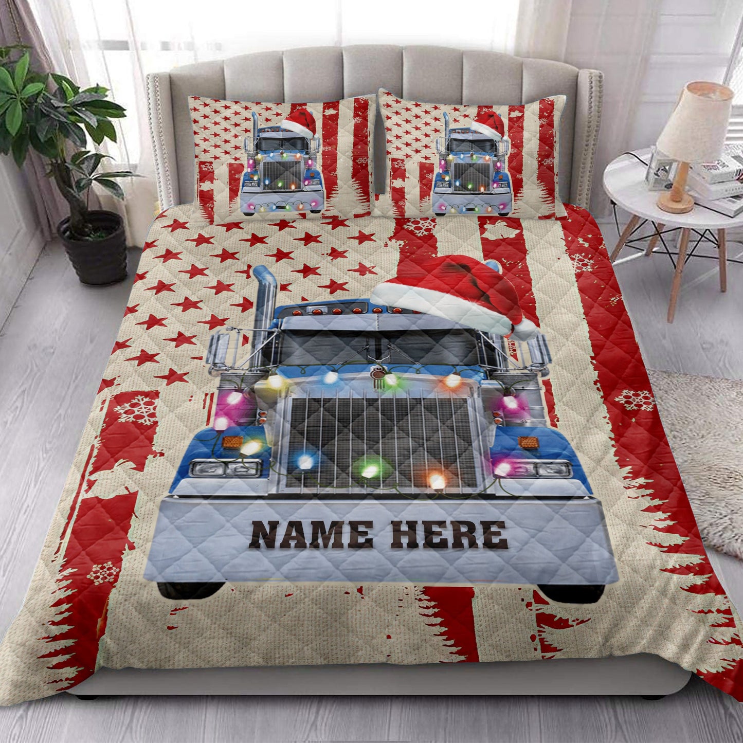 Personalized Trucker Quilt Set, Blue Truckmas String Light Us Flag Quilt Blanket With Pillowcases, Custom Name Quilt Bedding Set, Christmas Gift