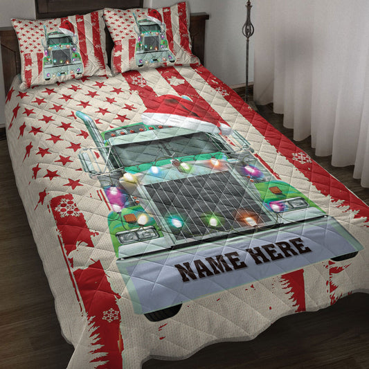 Personalized Trucker Quilt Set, Green Truckmas String Light Us Flag Quilt Blanket With Pillowcases, Custom Name Quilt Bedding Set, Christmas Gift