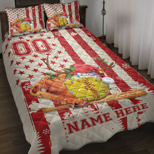 Personalized Softball Quilt Set, Softballmas Hat String Light Quilt Blanket With Pillowcases, Custom Name and Number Quilt Bedding Set, Christmas Gift