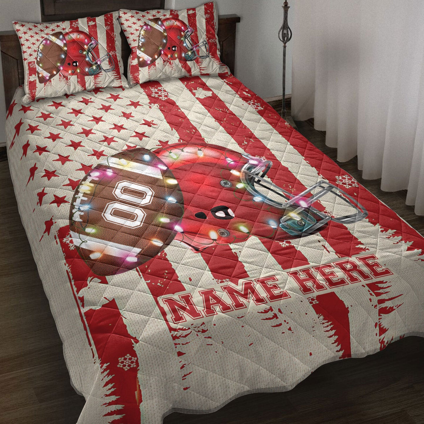 Personalized Football Quilt Set, Footballmas String Light Quilt Blanket With Pillowcases, Custom Name and Number Quilt Bedding Set, Christmas Gift