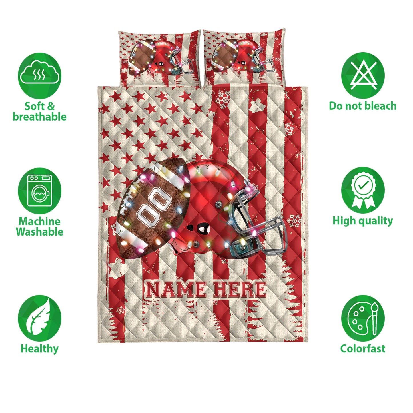 Personalized Football Quilt Set, Footballmas String Light Quilt Blanket With Pillowcases, Custom Name and Number Quilt Bedding Set, Christmas Gift