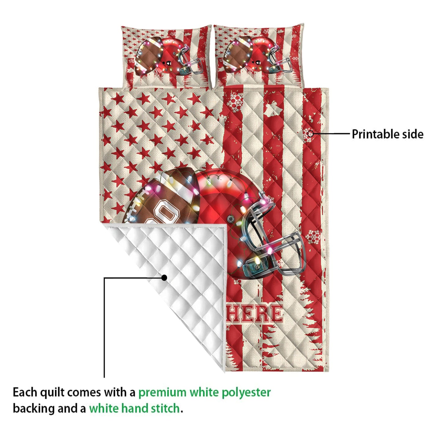 Personalized Football Quilt Set, Footballmas String Light Quilt Blanket With Pillowcases, Custom Name and Number Quilt Bedding Set, Christmas Gift