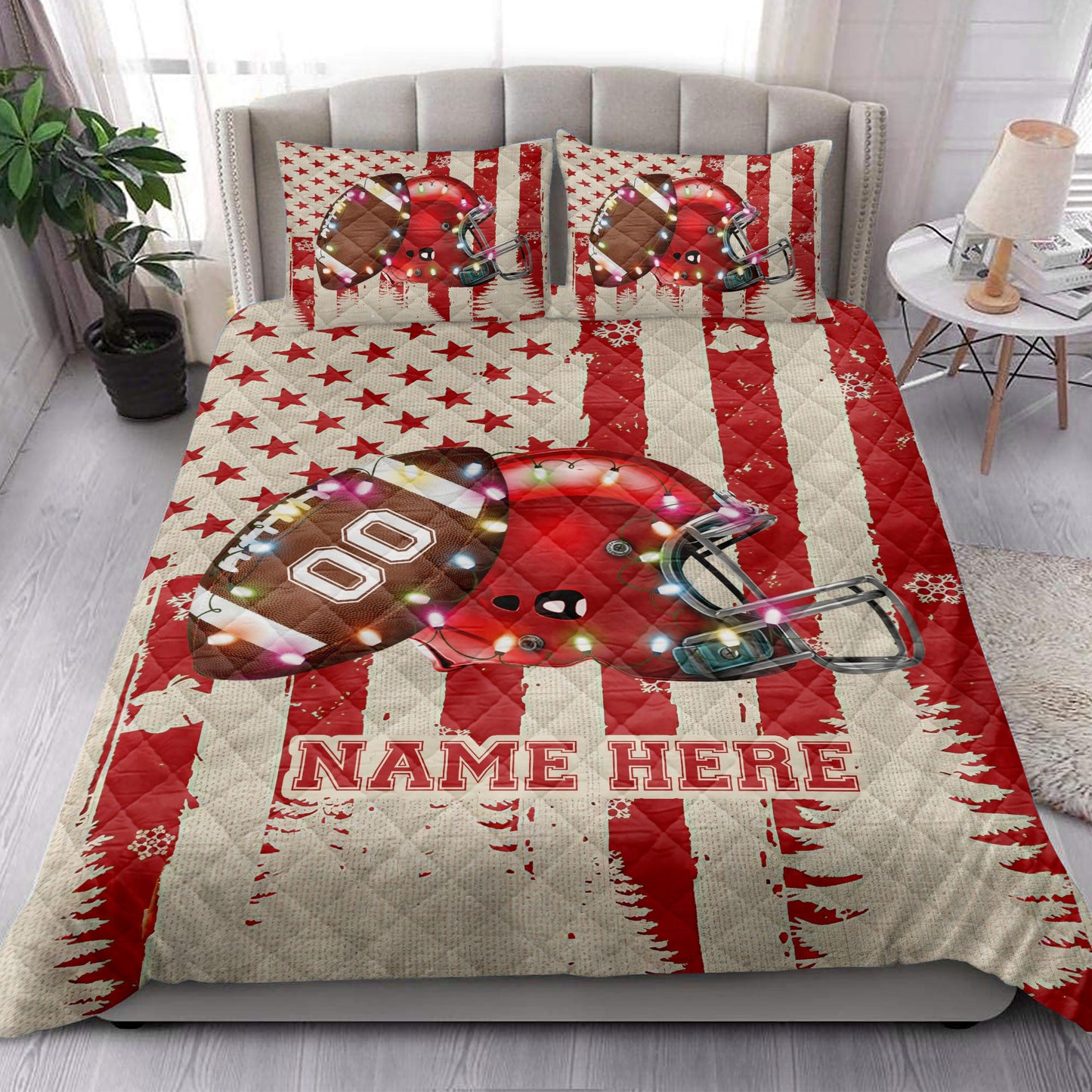 Personalized Football Quilt Set, Footballmas String Light Quilt Blanket With Pillowcases, Custom Name and Number Quilt Bedding Set, Christmas Gift