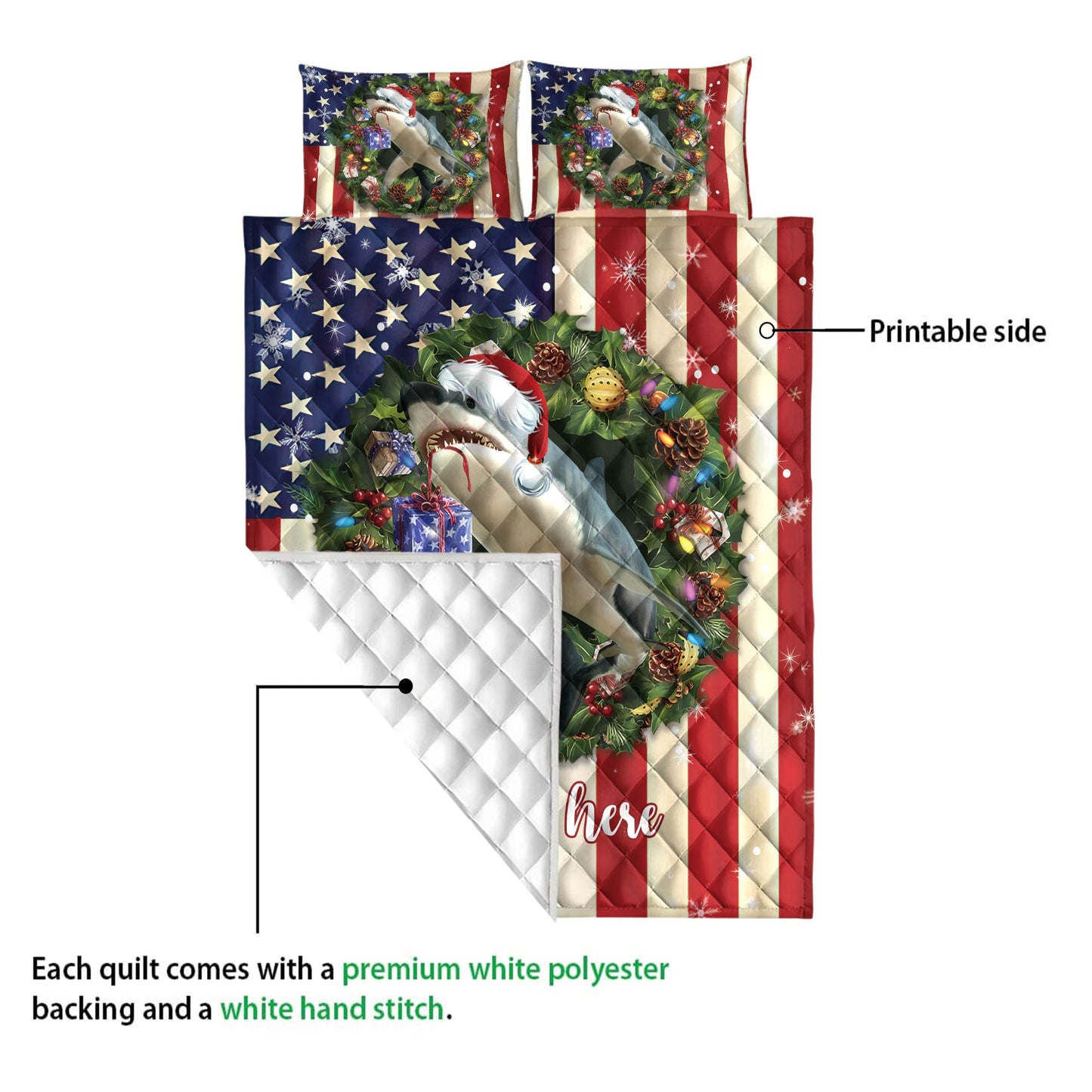 Personalized Shark Quilt Set, Shark Wearingmas Hat Wreath Quilt Blanket With Pillowcases, Custom Name Quilt Bedding Set, Christmas Gift