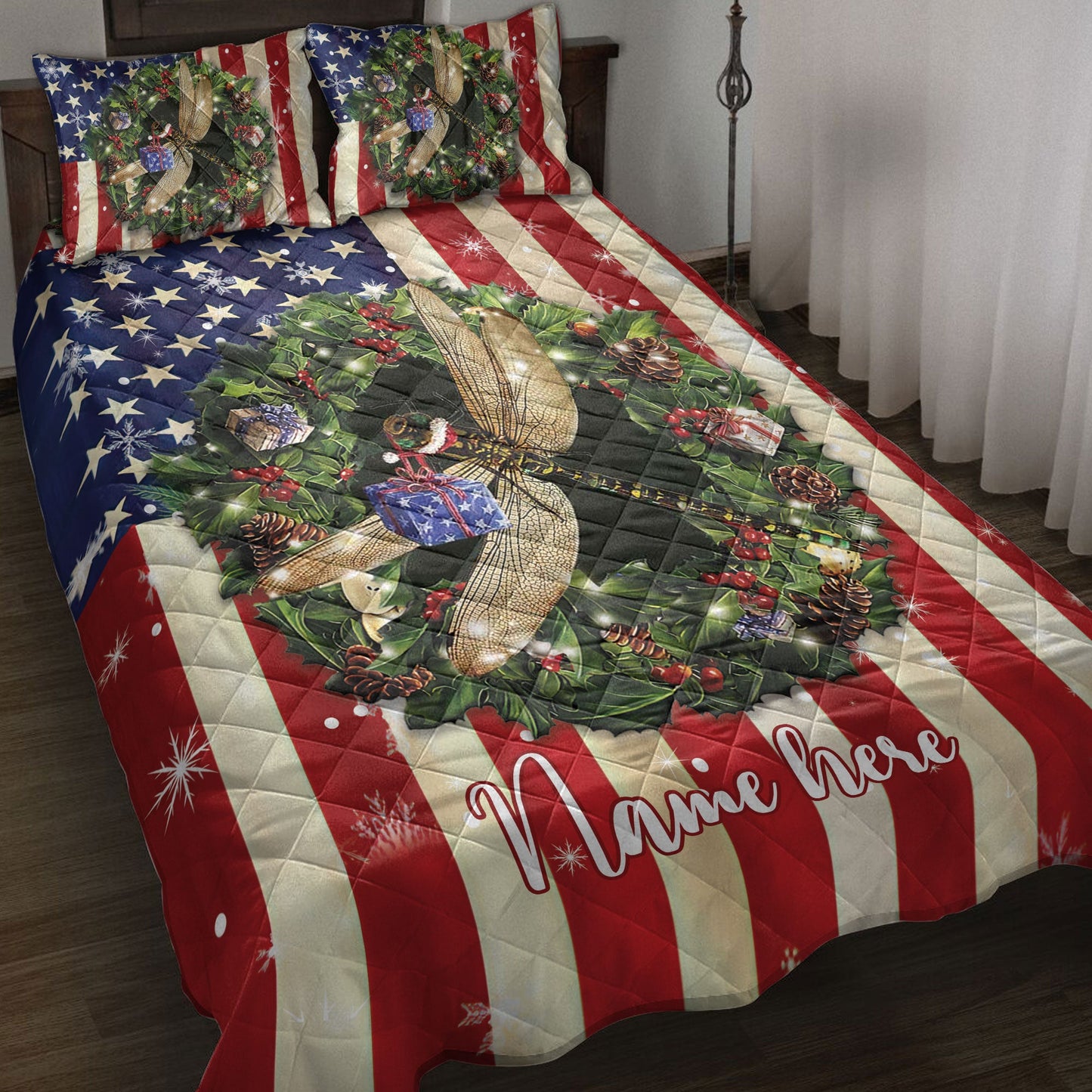 Personalized Dragonfly Quilt Set, Dragonfly Wreaths Quilt Blanket With Pillowcases, Custom Name Quilt Bedding Set, Christmas Gift