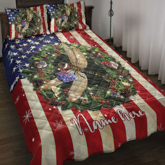 Personalized Dragonfly Quilt Set, Dragonfly Wreaths Quilt Blanket With Pillowcases, Custom Name Quilt Bedding Set, Christmas Gift