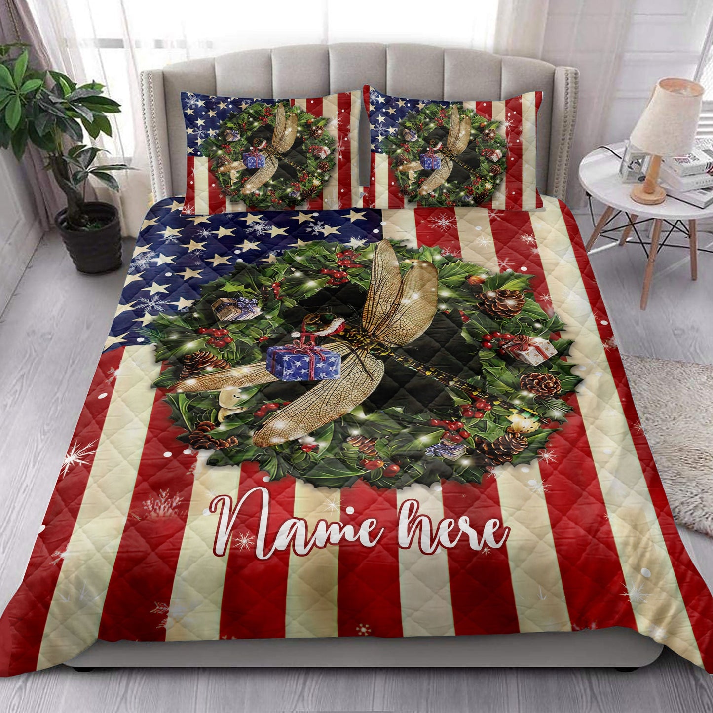 Personalized Dragonfly Quilt Set, Dragonfly Wreaths Quilt Blanket With Pillowcases, Custom Name Quilt Bedding Set, Christmas Gift