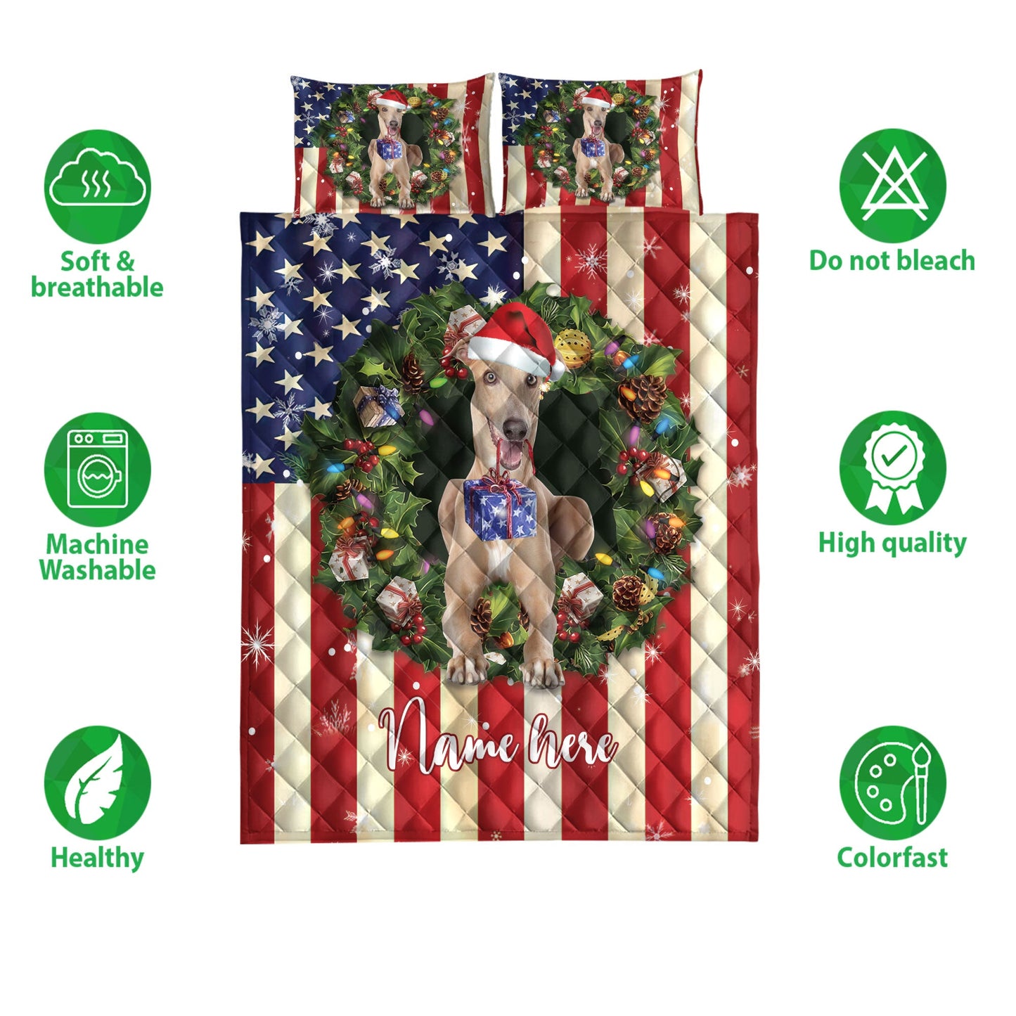 Personalized Greyhound Quilt Set, Greyhound Wearingmas Hat Wreath Quilt Blanket With Pillowcases, Custom Name Quilt Bedding Set, Christmas Gift