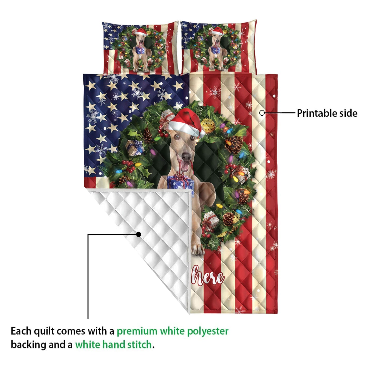 Personalized Greyhound Quilt Set, Greyhound Wearingmas Hat Wreath Quilt Blanket With Pillowcases, Custom Name Quilt Bedding Set, Christmas Gift