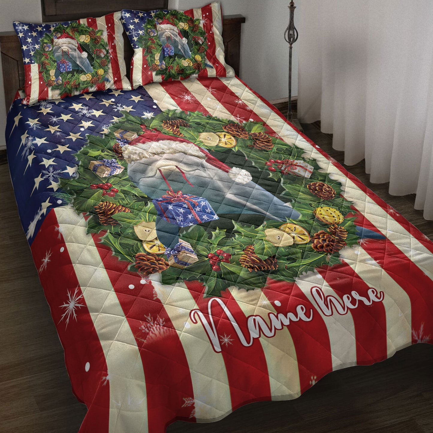 Personalized Dolphin Quilt Set, Dolphin Wearingmas Hat Wreath Quilt Blanket With Pillowcases, Custom Name Quilt Bedding Set, Christmas Gift