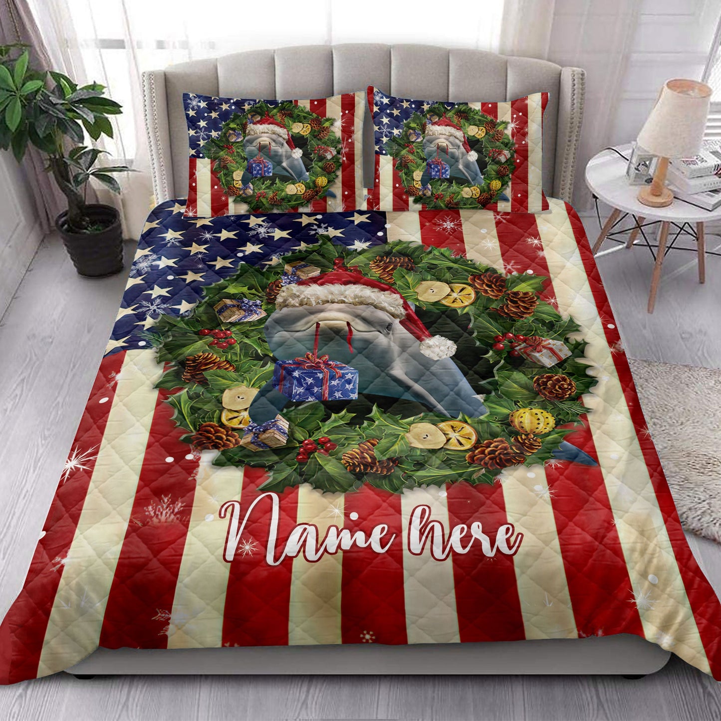 Personalized Dolphin Quilt Set, Dolphin Wearingmas Hat Wreath Quilt Blanket With Pillowcases, Custom Name Quilt Bedding Set, Christmas Gift