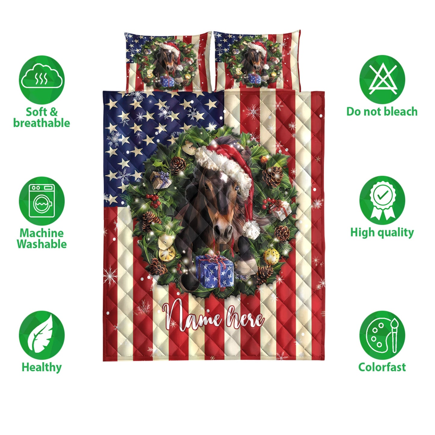 Personalized Horse Quilt Set, Horse Wearingmas Hat Wreath Quilt Blanket With Pillowcases, Custom Name Quilt Bedding Set, Christmas Gift