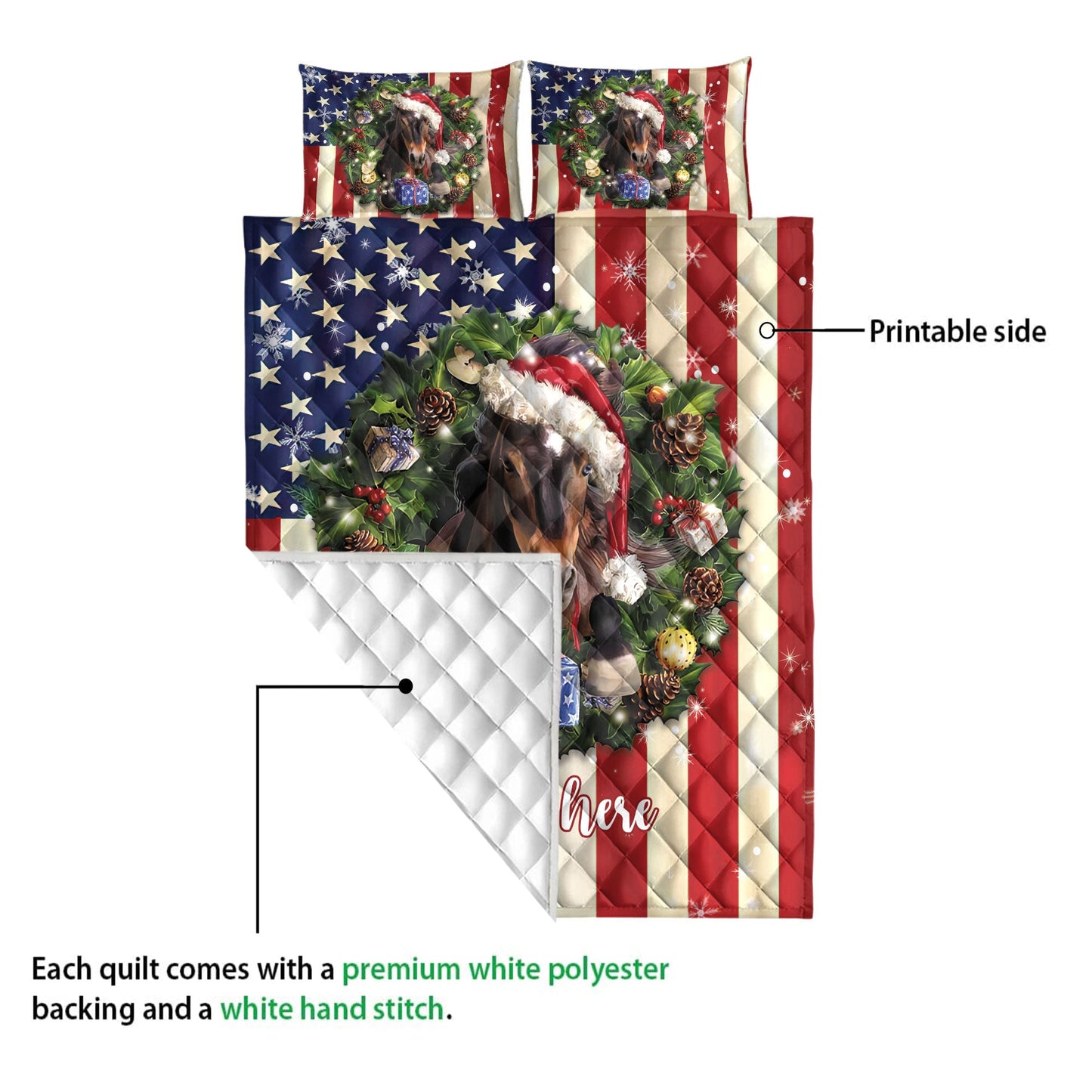 Personalized Horse Quilt Set, Horse Wearingmas Hat Wreath Quilt Blanket With Pillowcases, Custom Name Quilt Bedding Set, Christmas Gift