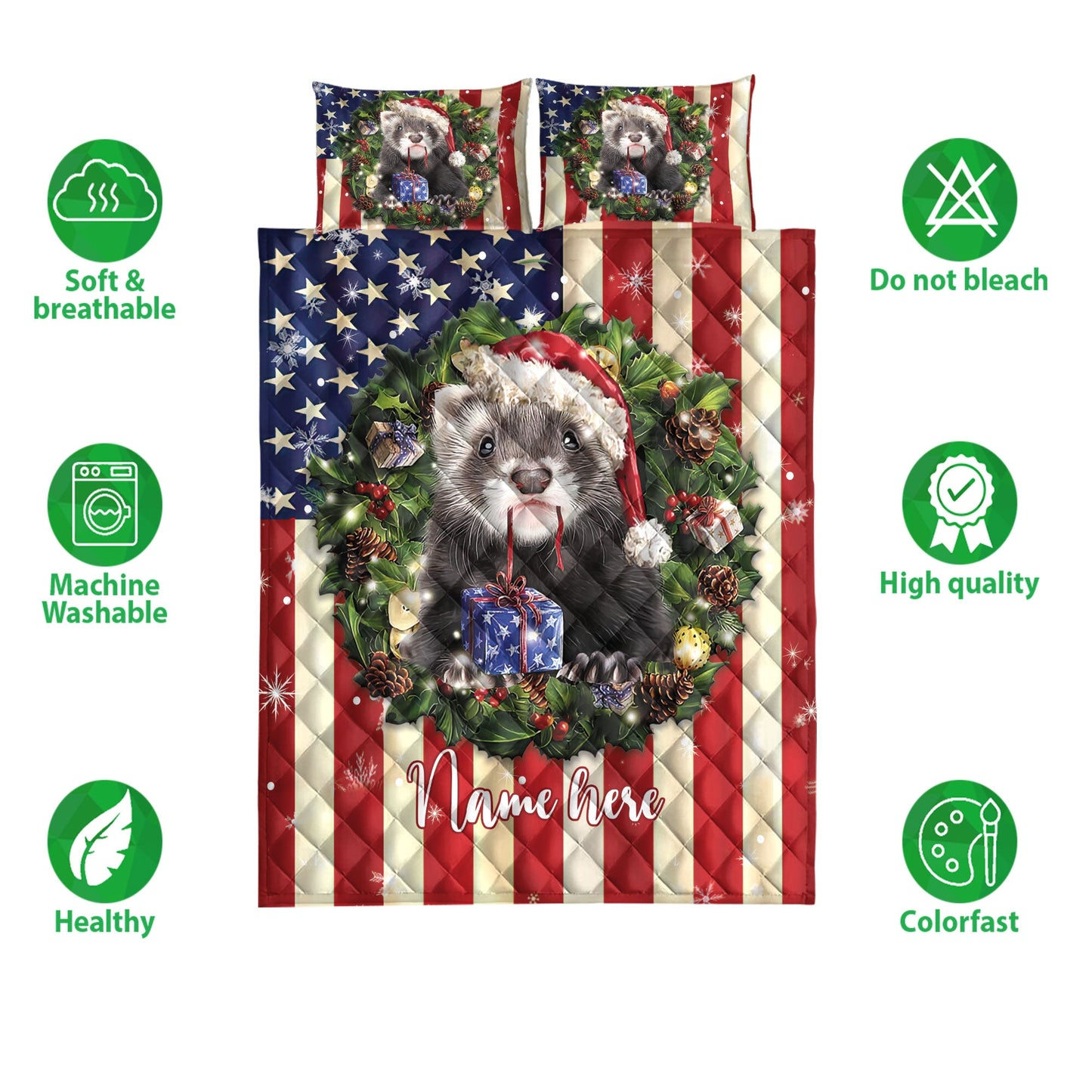 Personalized Otter Quilt Set, Otter Wearingmas Hat Wreaths Quilt Blanket With Pillowcases, Custom Name Quilt Bedding Set, Christmas Gift