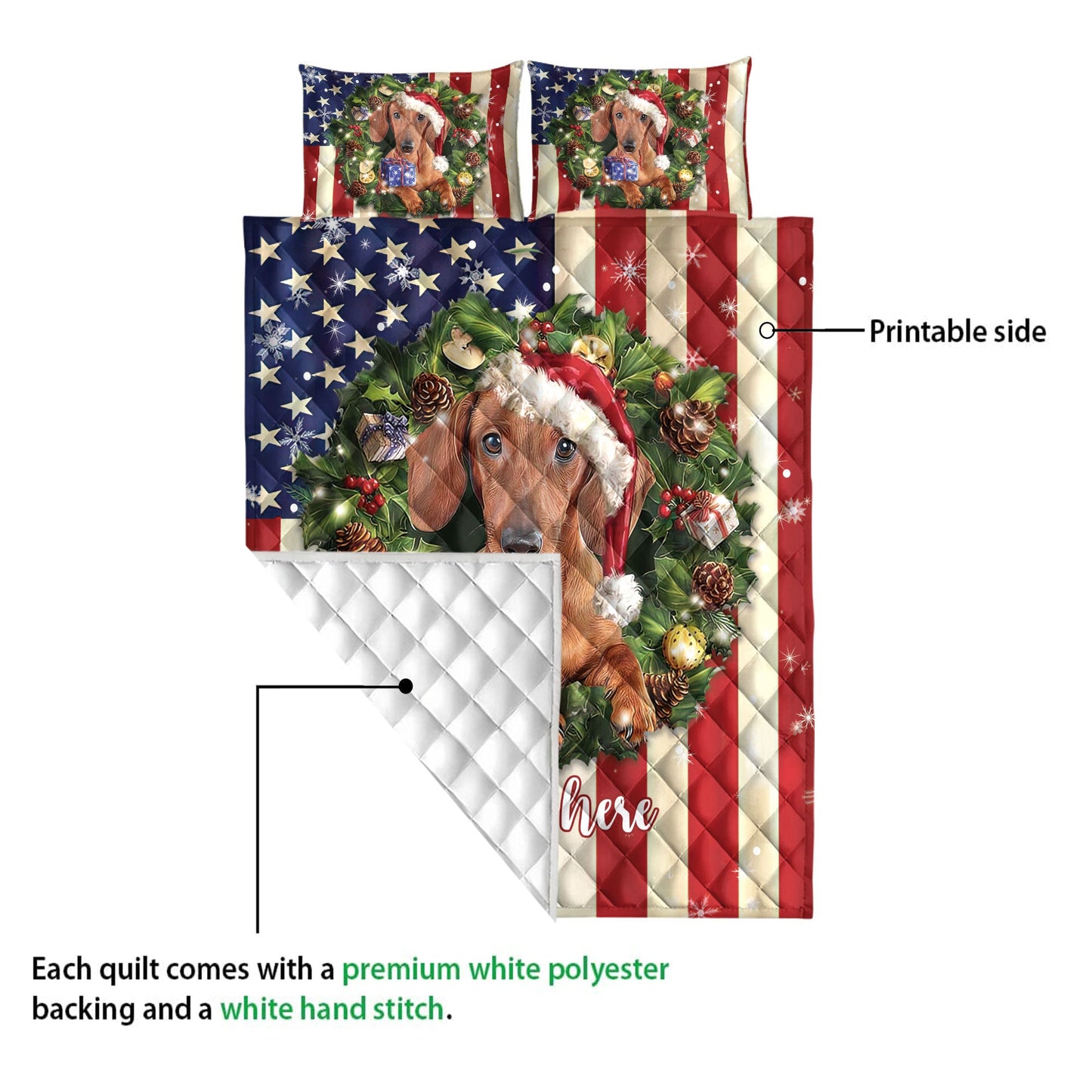 Personalized Dachshund Quilt Set, Dachshund Wearingmas Hat Wreath Quilt Blanket With Pillowcases, Custom Name Quilt Bedding Set, Christmas Gift