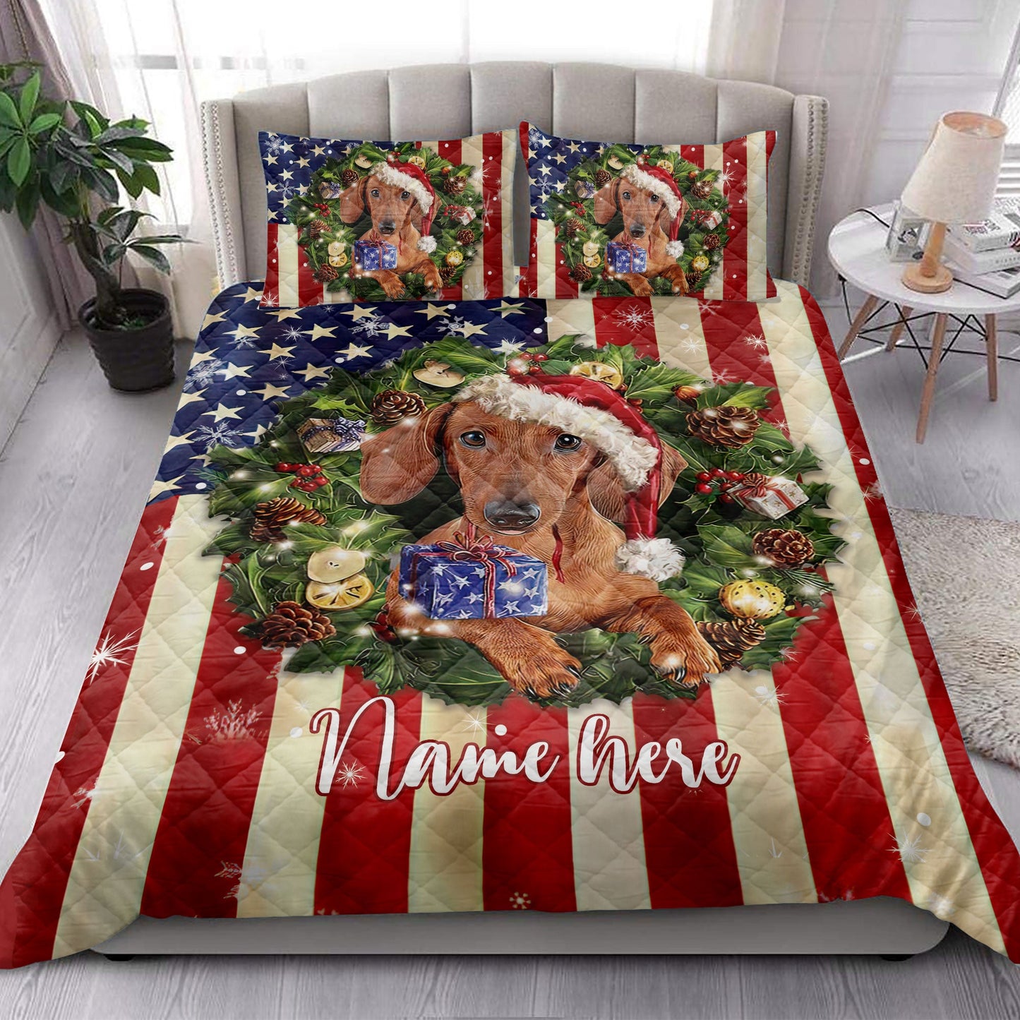 Personalized Dachshund Quilt Set, Dachshund Wearingmas Hat Wreath Quilt Blanket With Pillowcases, Custom Name Quilt Bedding Set, Christmas Gift