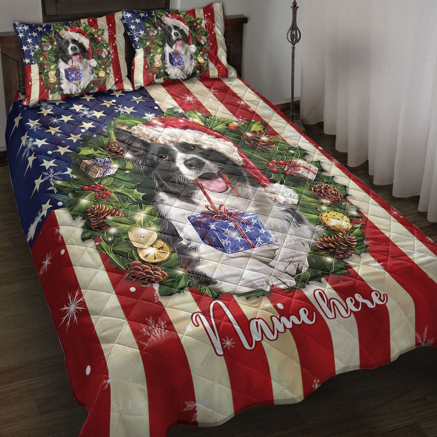 Personalized Border Collie Quilt Set, St. Bernard Wearingmas Hat Wreaths Quilt Blanket With Pillowcases, Custom Name Quilt Bedding Set, Christmas Gift