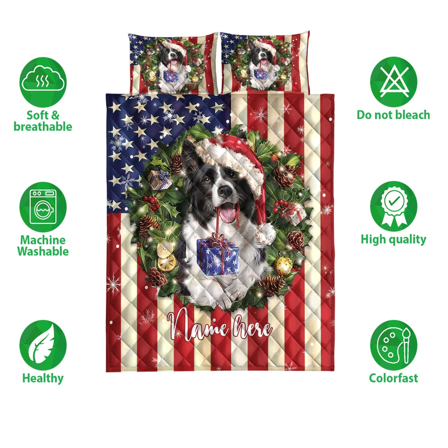 Personalized Border Collie Quilt Set, St. Bernard Wearingmas Hat Wreaths Quilt Blanket With Pillowcases, Custom Name Quilt Bedding Set, Christmas Gift