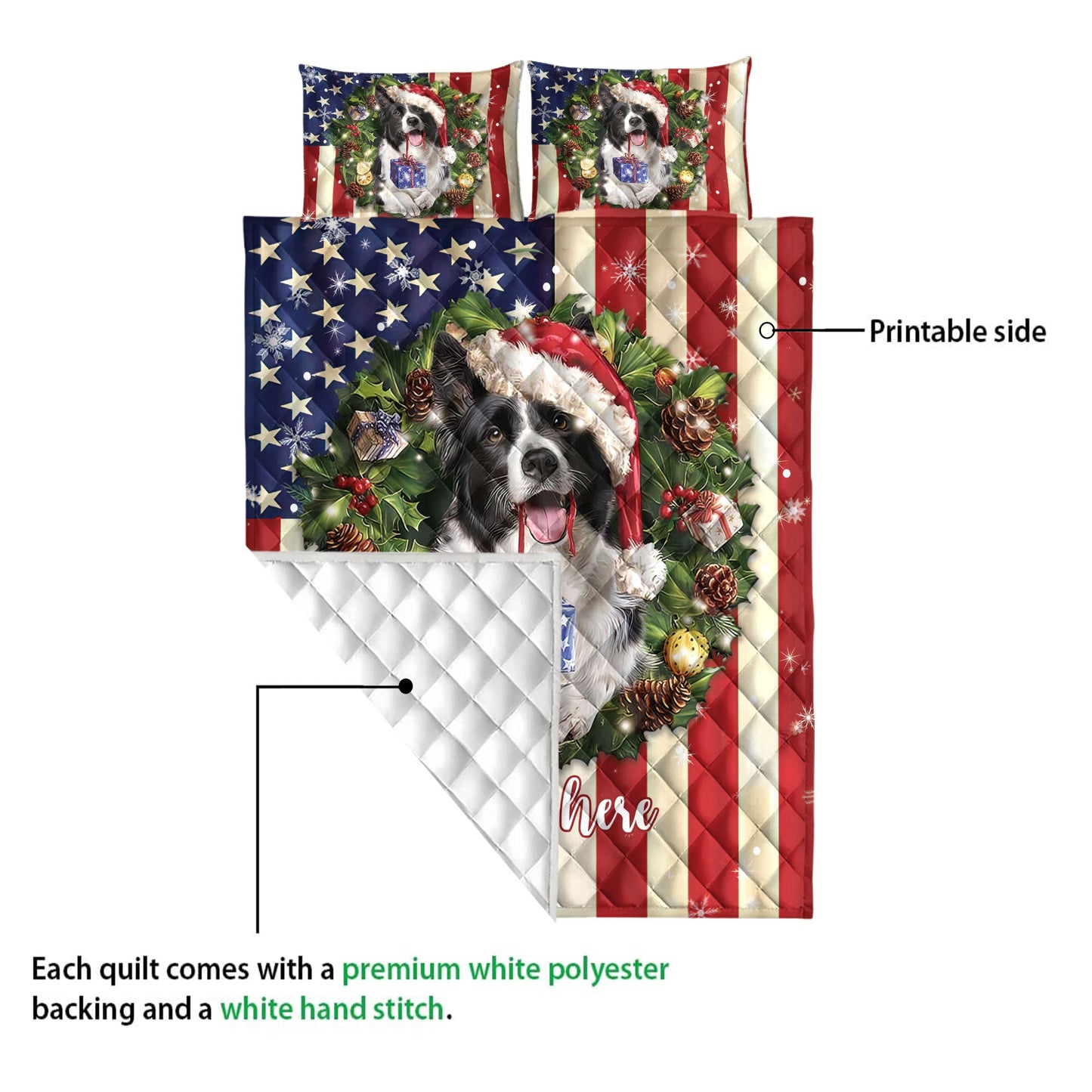 Personalized Border Collie Quilt Set, St. Bernard Wearingmas Hat Wreaths Quilt Blanket With Pillowcases, Custom Name Quilt Bedding Set, Christmas Gift
