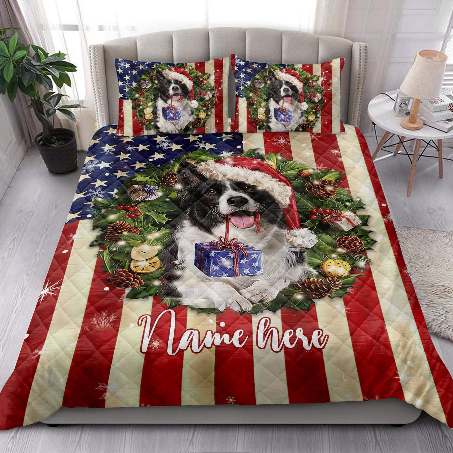 Personalized Border Collie Quilt Set, St. Bernard Wearingmas Hat Wreaths Quilt Blanket With Pillowcases, Custom Name Quilt Bedding Set, Christmas Gift