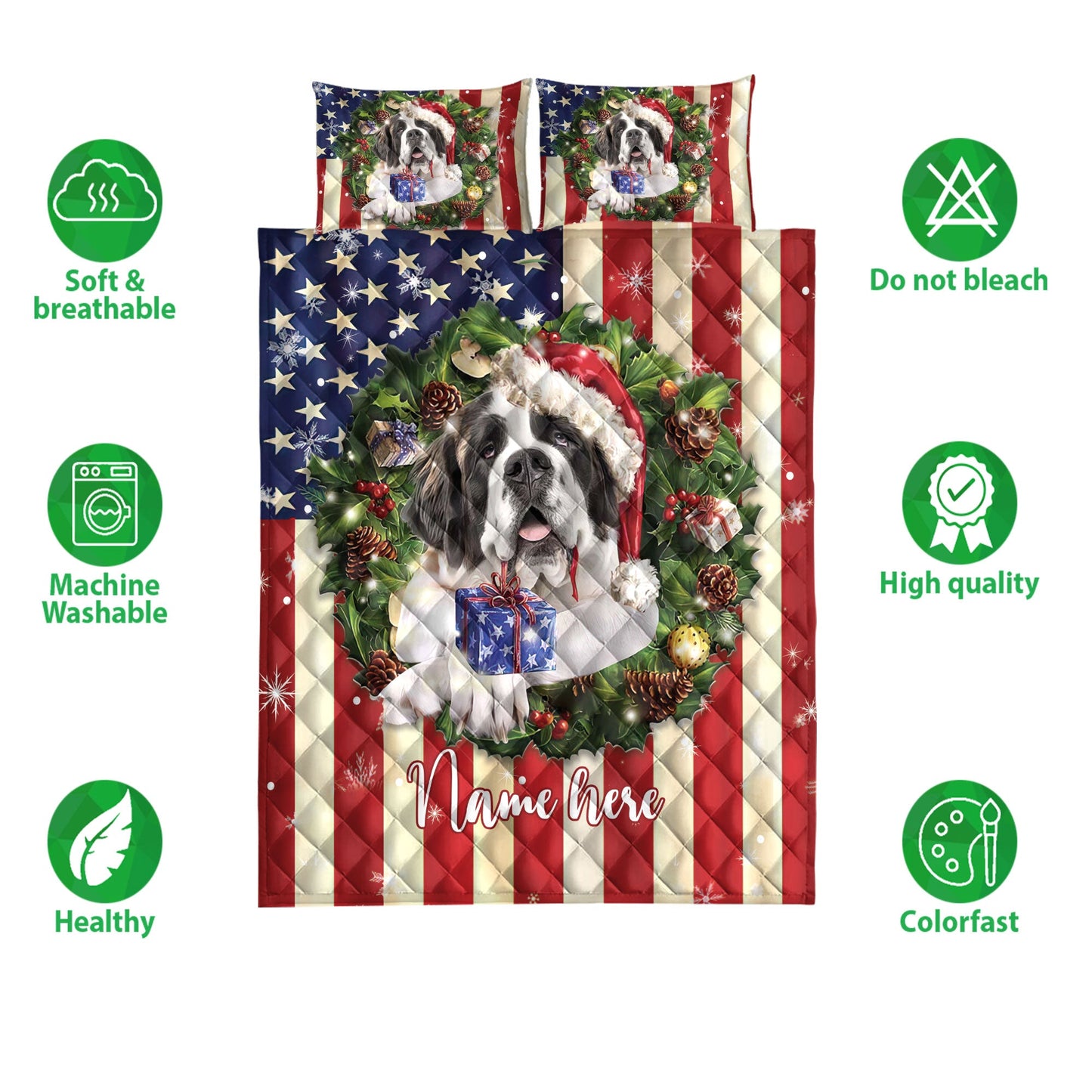 Personalized Saint Bernard Quilt Set, St. Bernard Wearingmas Hat Wreath Quilt Blanket With Pillowcases, Custom Name Quilt Bedding Set, Christmas Gift