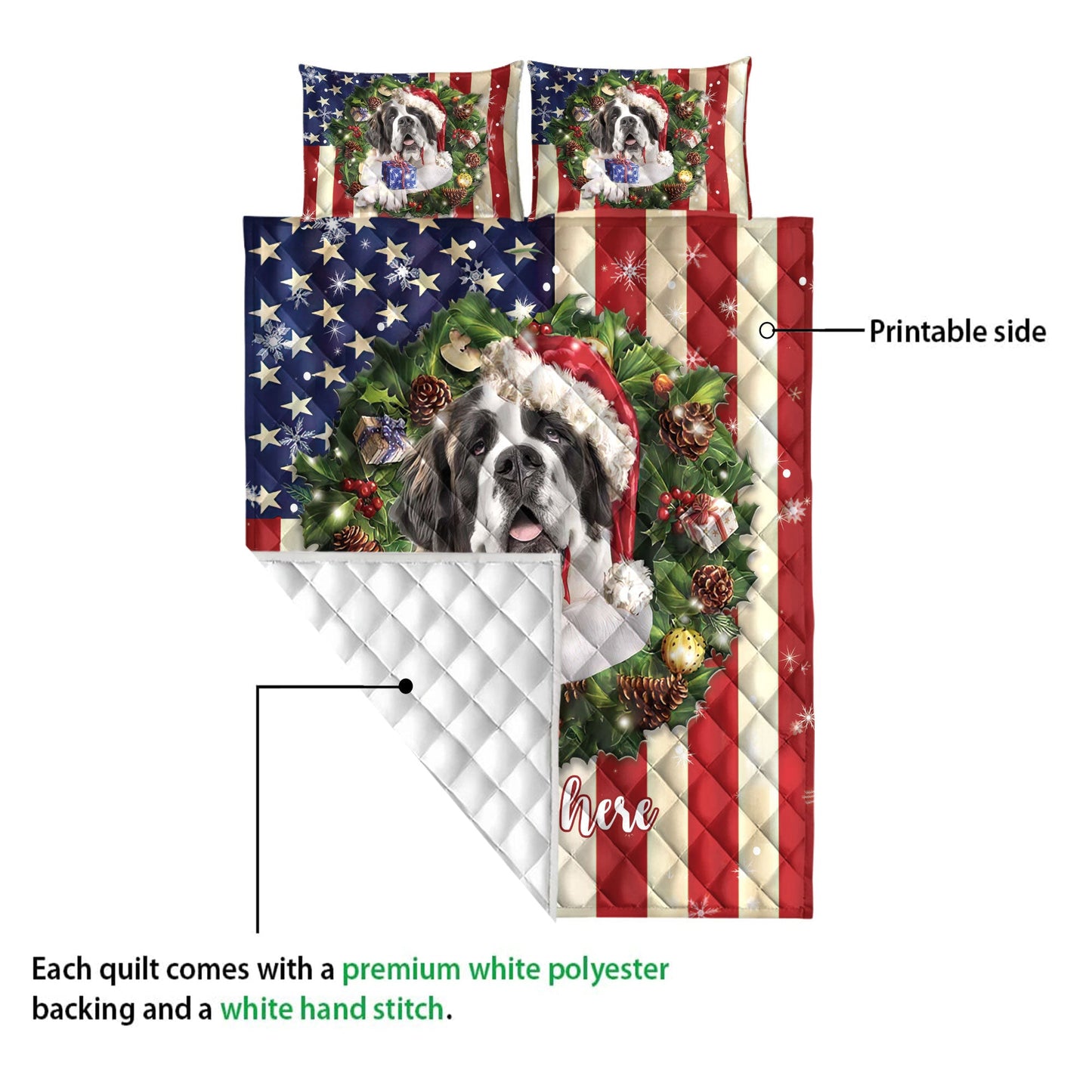 Personalized Saint Bernard Quilt Set, St. Bernard Wearingmas Hat Wreath Quilt Blanket With Pillowcases, Custom Name Quilt Bedding Set, Christmas Gift