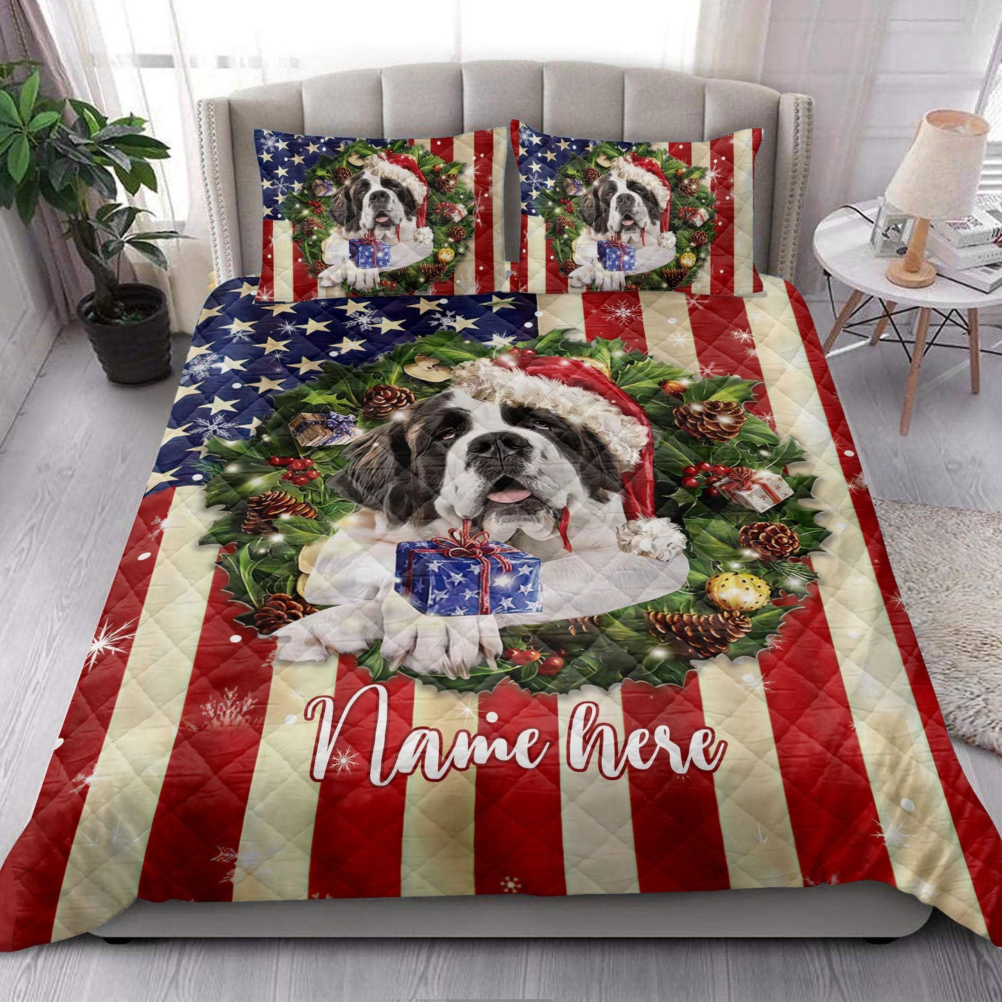 Personalized Saint Bernard Quilt Set, St. Bernard Wearingmas Hat Wreath Quilt Blanket With Pillowcases, Custom Name Quilt Bedding Set, Christmas Gift