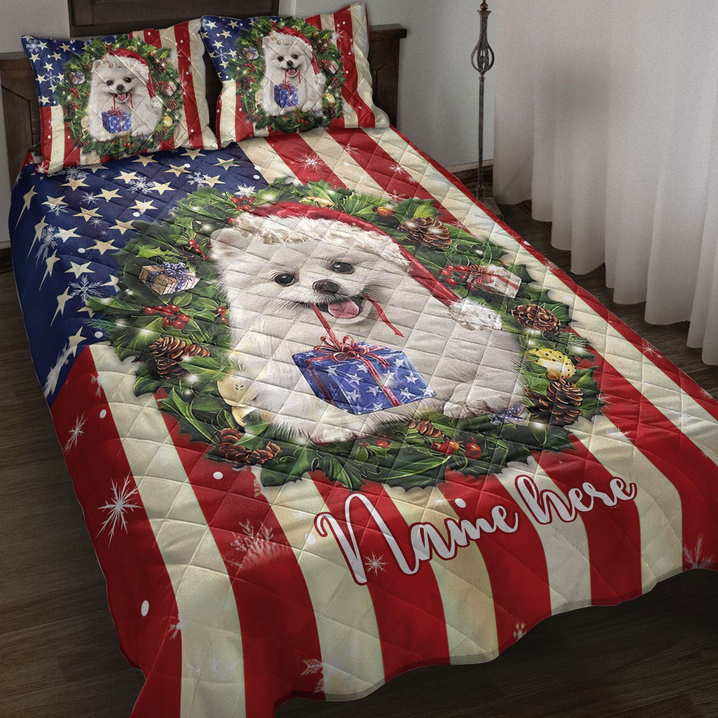 Personalized Pomeranian Quilt Set, Pomeranian Wearingmas Hat Wreath Quilt Blanket With Pillowcases, Custom Name Quilt Bedding Set, Christmas Gift