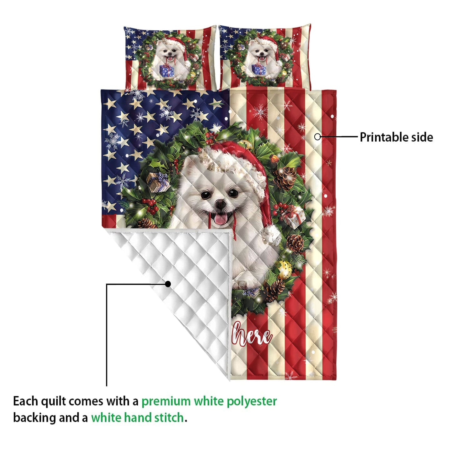 Personalized Pomeranian Quilt Set, Pomeranian Wearingmas Hat Wreath Quilt Blanket With Pillowcases, Custom Name Quilt Bedding Set, Christmas Gift