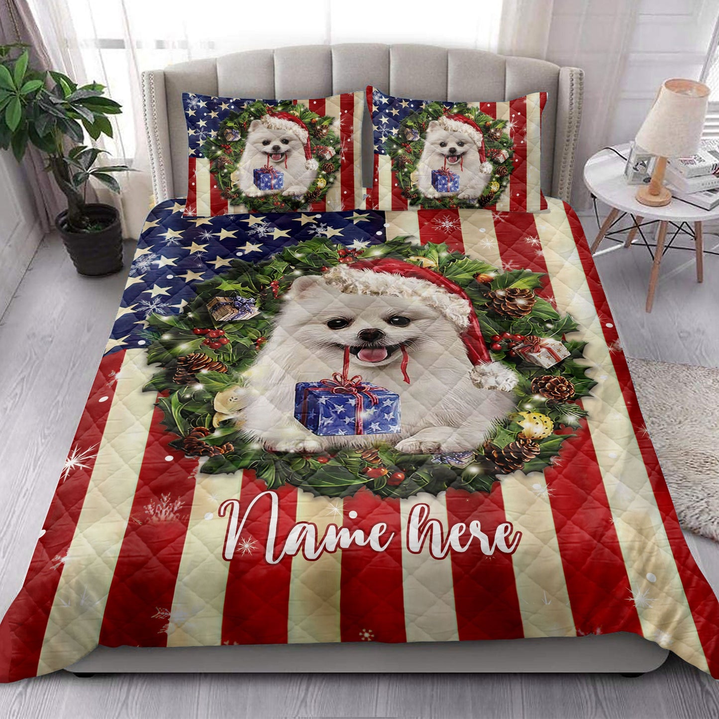 Personalized Pomeranian Quilt Set, Pomeranian Wearingmas Hat Wreath Quilt Blanket With Pillowcases, Custom Name Quilt Bedding Set, Christmas Gift