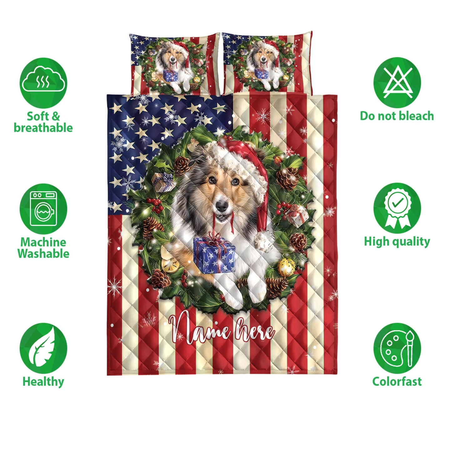 Personalized Rough Collie Quilt Set, Rough Collie Wearingmas Hat Wreath Quilt Blanket With Pillowcases, Custom Name Quilt Bedding Set, Christmas Gift