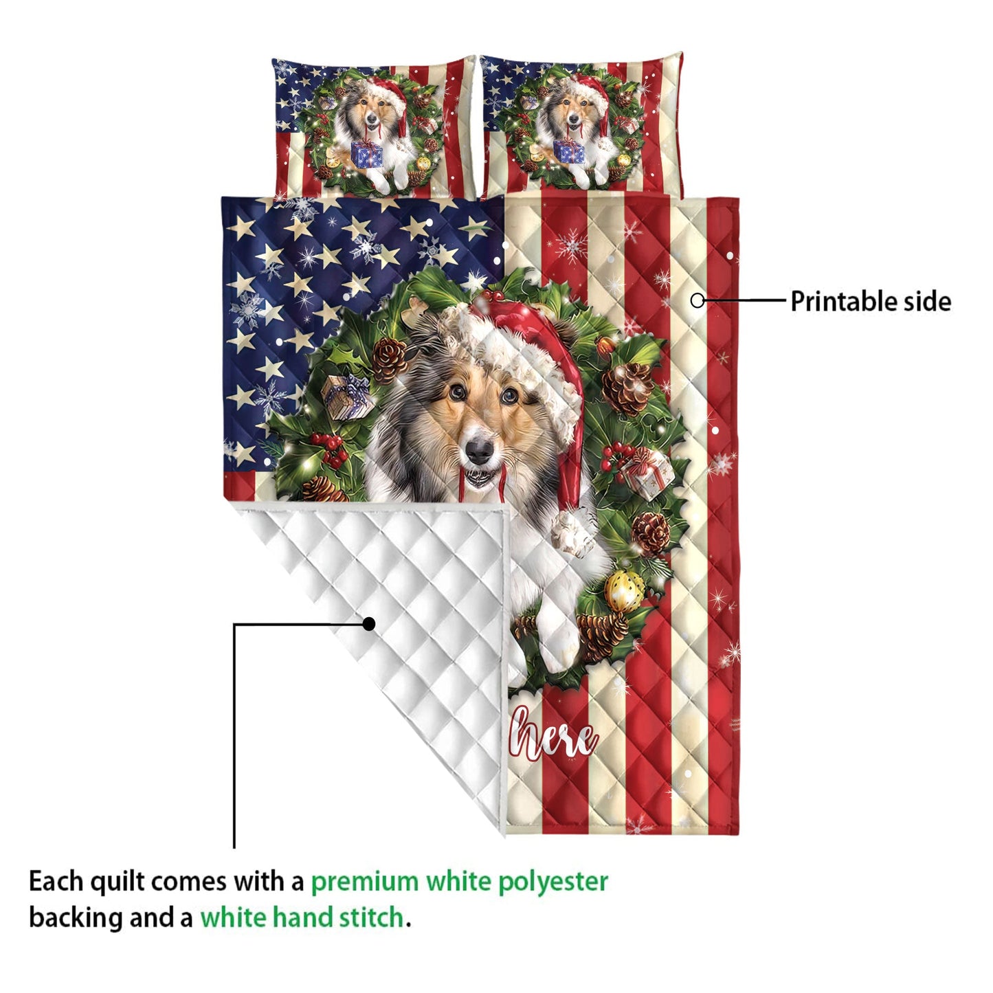 Personalized Rough Collie Quilt Set, Rough Collie Wearingmas Hat Wreath Quilt Blanket With Pillowcases, Custom Name Quilt Bedding Set, Christmas Gift