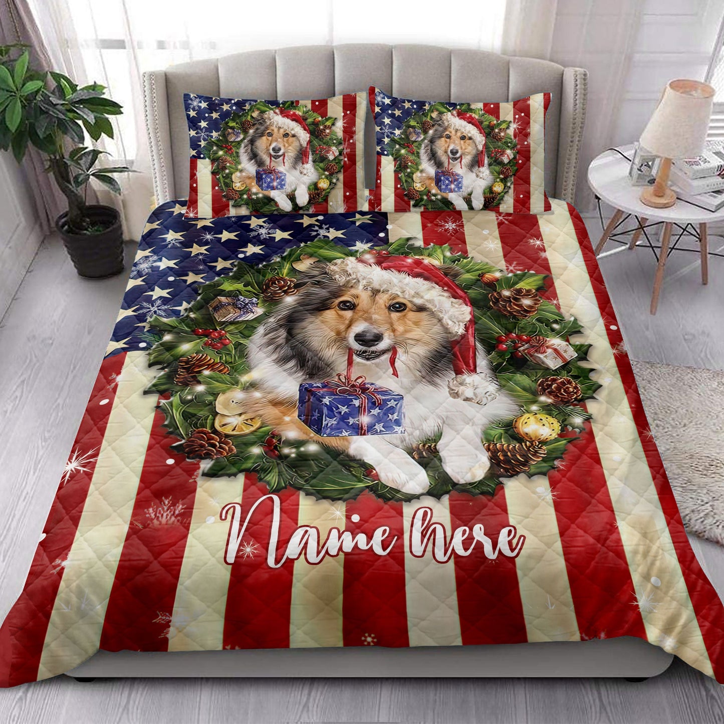 Personalized Rough Collie Quilt Set, Rough Collie Wearingmas Hat Wreath Quilt Blanket With Pillowcases, Custom Name Quilt Bedding Set, Christmas Gift
