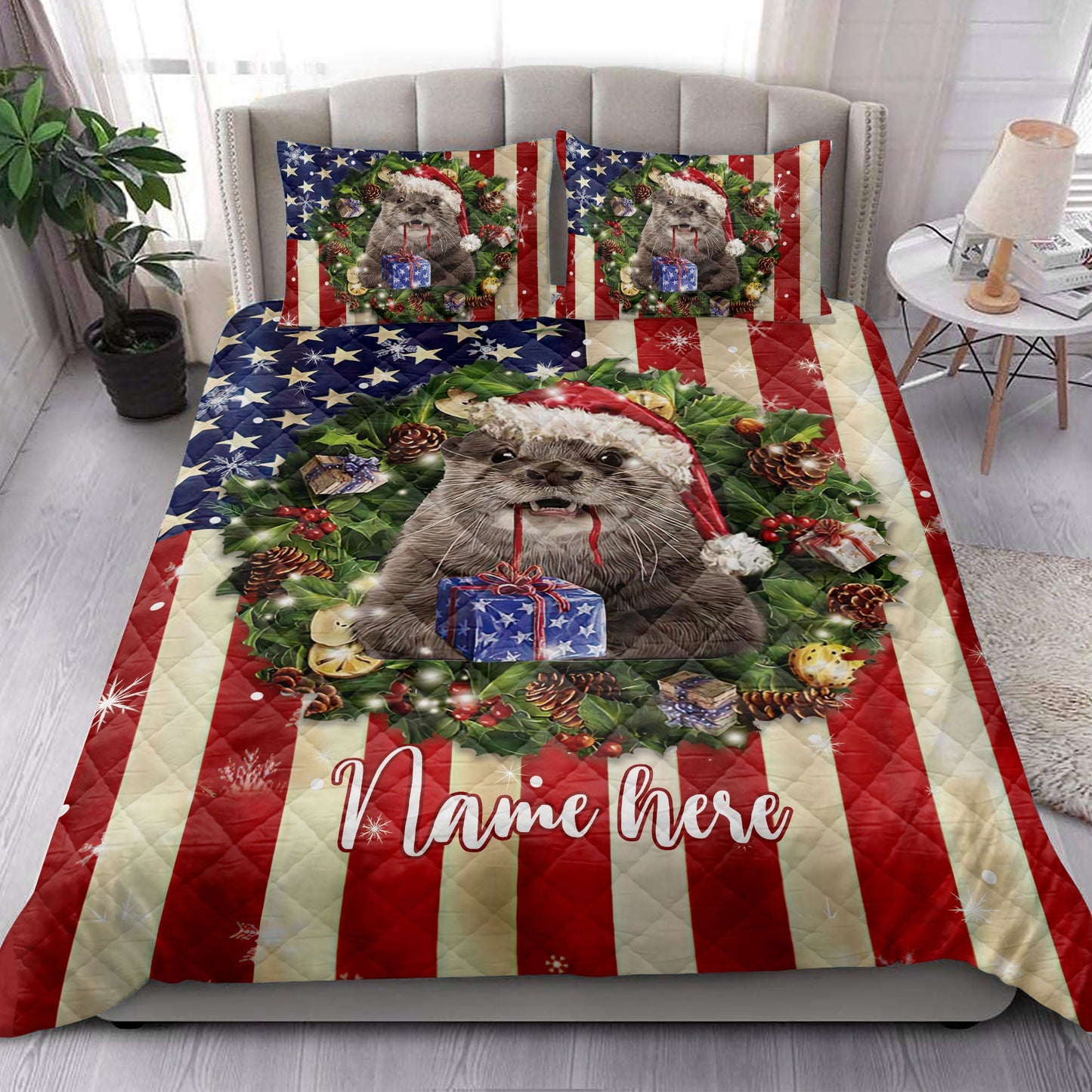 Personalized Otter Quilt Set, Otter Wearingmas Hat Wreath Quilt Blanket With Pillowcases, Custom Name Quilt Bedding Set, Christmas Gift