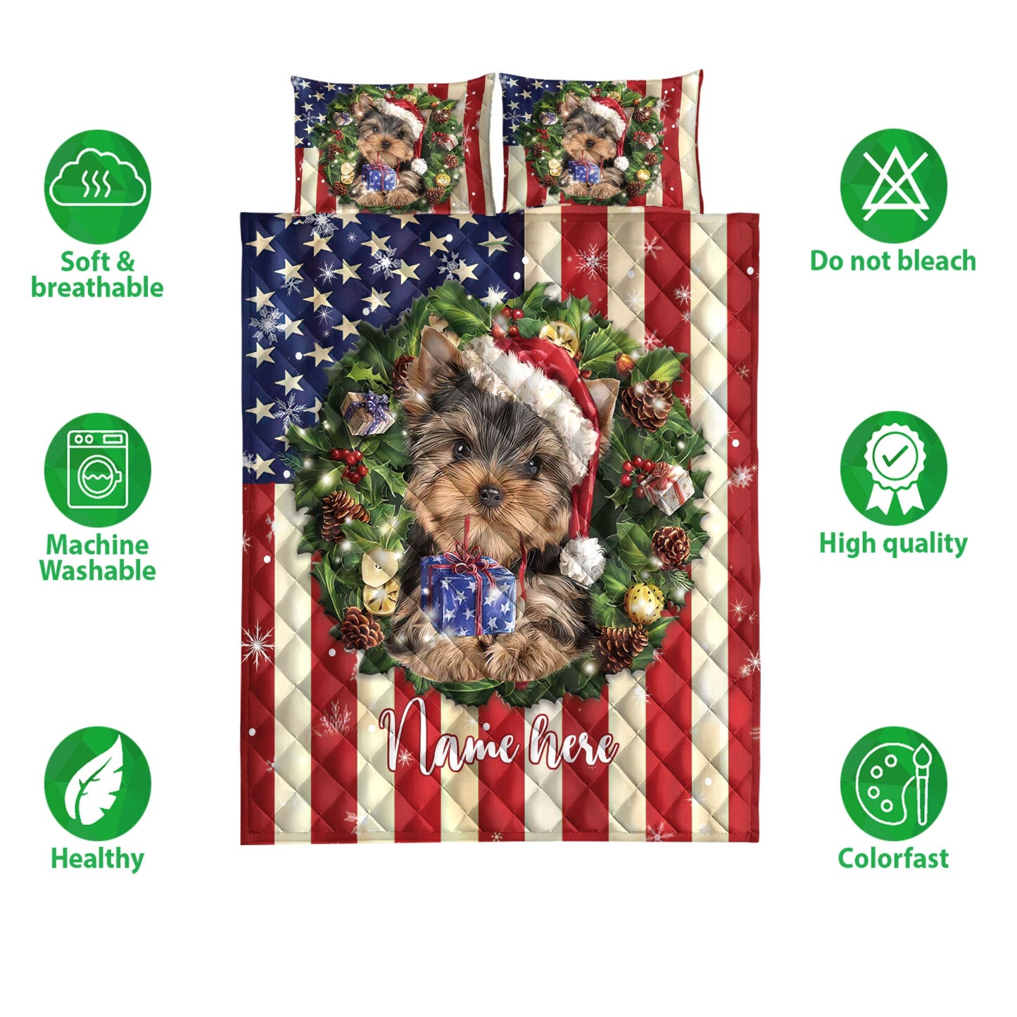 Personalized Yorkshire Quilt Set, Yorkshire Terrier Wearingmas Hat Quilt Blanket With Pillowcases, Custom Name Quilt Bedding Set, Christmas Gift