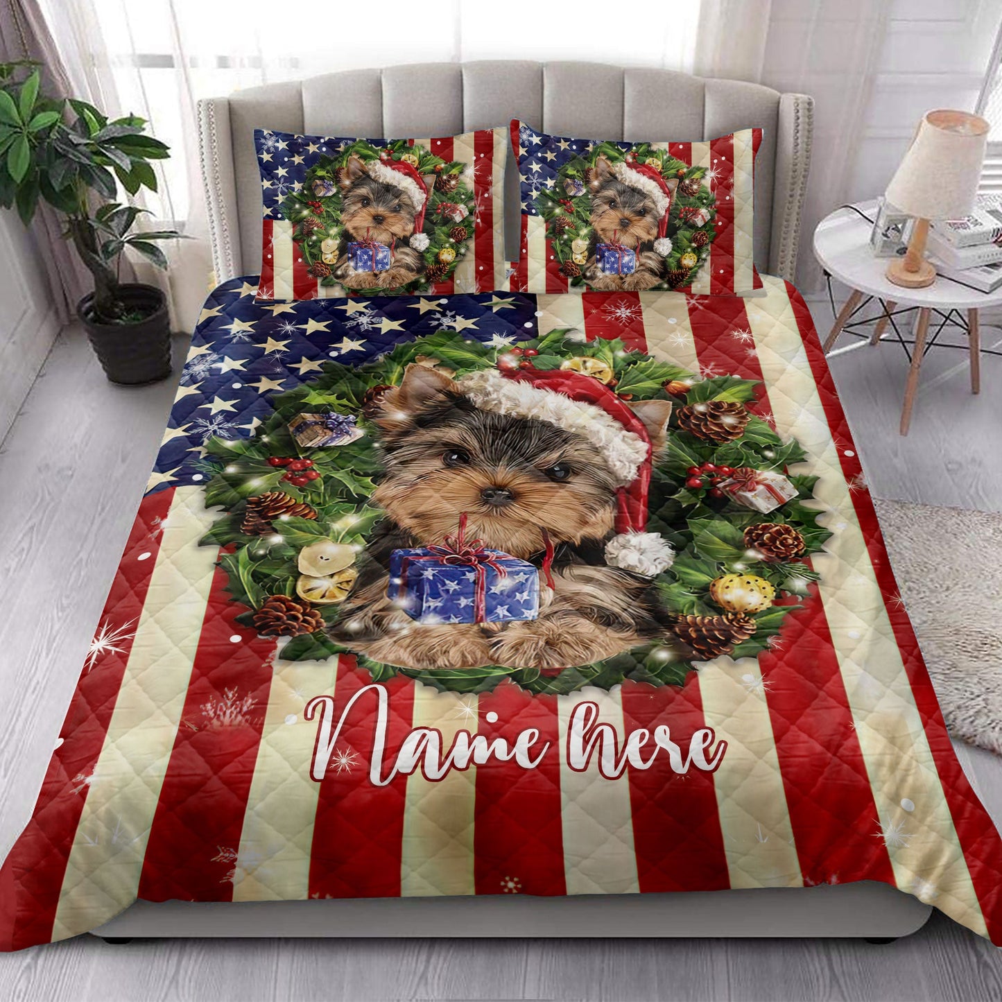 Personalized Yorkshire Quilt Set, Yorkshire Terrier Wearingmas Hat Quilt Blanket With Pillowcases, Custom Name Quilt Bedding Set, Christmas Gift