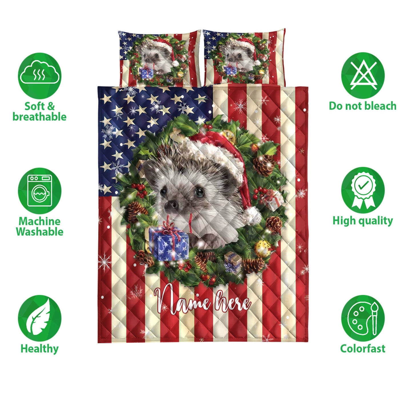 Personalized Hedgehog Quilt Set, Hedgehog Wearingmas Hat Wreath Quilt Blanket With Pillowcases, Custom Name Quilt Bedding Set, Christmas Gift