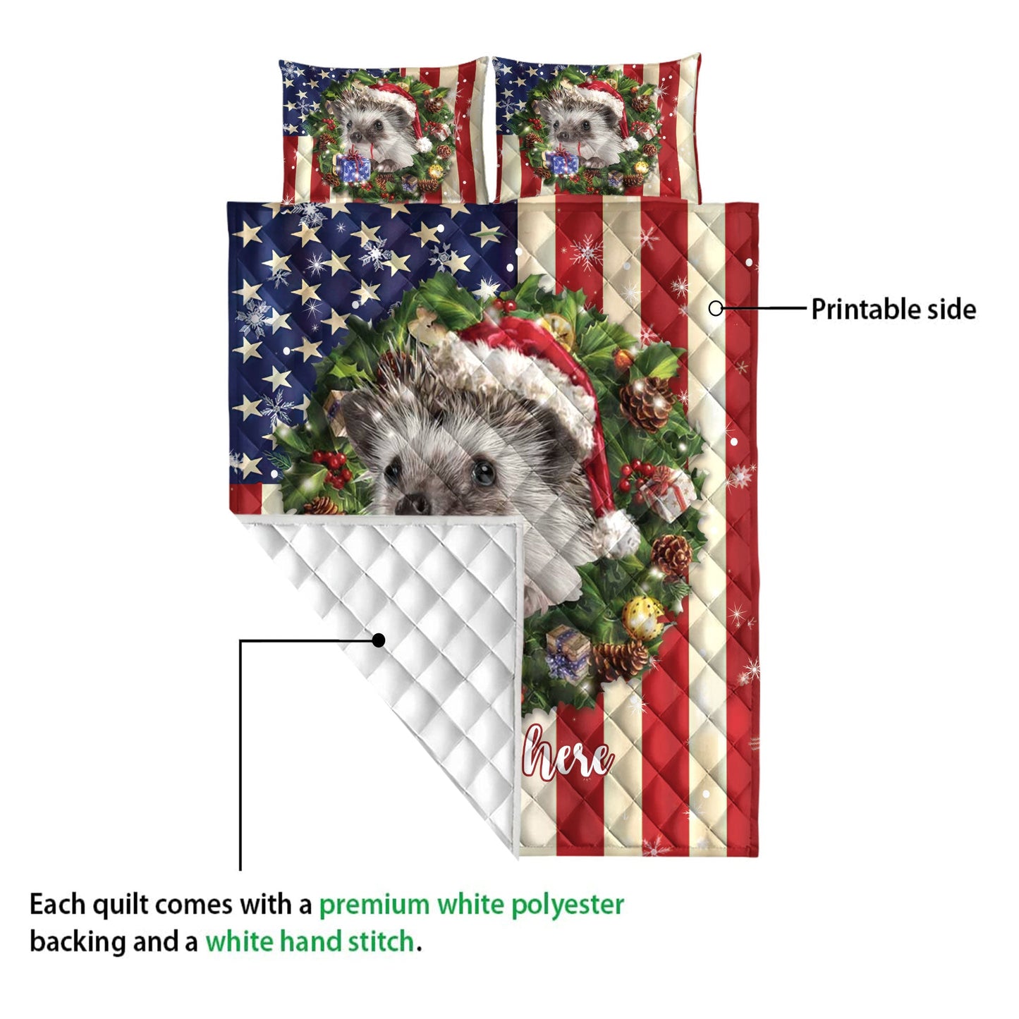 Personalized Hedgehog Quilt Set, Hedgehog Wearingmas Hat Wreath Quilt Blanket With Pillowcases, Custom Name Quilt Bedding Set, Christmas Gift